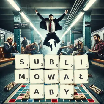 Kreatywna ilustracja do gry w Scrabble ze słowem SUBLIMOWAŁABY ułożonym z płytek na planszy.
