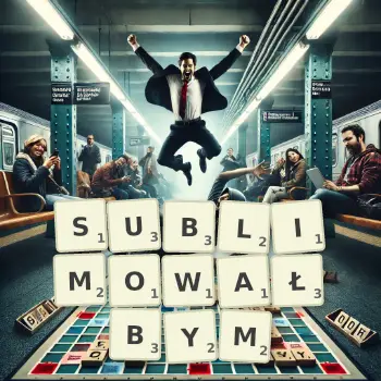 Kreatywna ilustracja do gry w Scrabble ze słowem SUBLIMOWAŁBYM ułożonym z płytek na planszy.