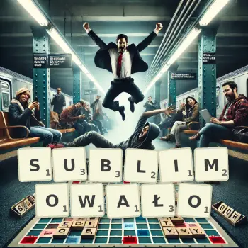 Kreatywna ilustracja do gry w Scrabble ze słowem SUBLIMOWAŁO ułożonym z płytek na planszy.