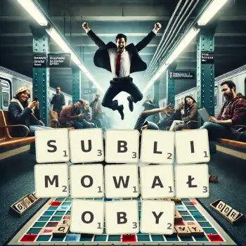 Kreatywna ilustracja do gry w Scrabble ze słowem SUBLIMOWAŁOBY ułożonym z płytek na planszy.
