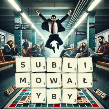 Kreatywna ilustracja do gry w Scrabble ze słowem SUBLIMOWAŁYBY ułożonym z płytek na planszy.