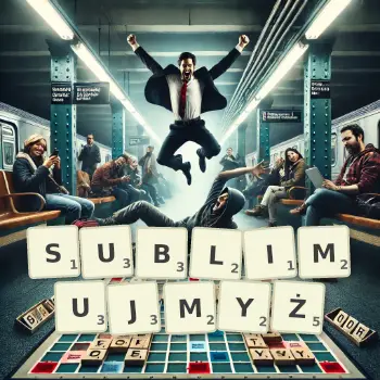Kreatywna ilustracja do gry w Scrabble ze słowem SUBLIMUJMYŻ ułożonym z płytek na planszy.