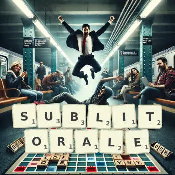 Kreatywna ilustracja do gry w Scrabble ze słowem SUBLITORALE ułożonym z płytek na planszy.