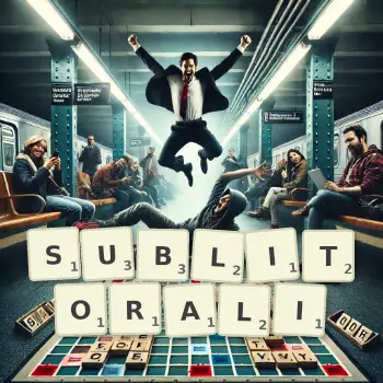 Kreatywna ilustracja do gry w Scrabble ze słowem SUBLITORALI ułożonym z płytek na planszy.