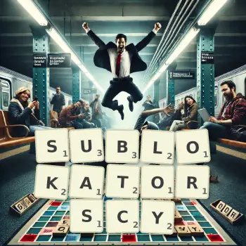 Kreatywna ilustracja do gry w Scrabble ze słowem SUBLOKATORSCY ułożonym z płytek na planszy.