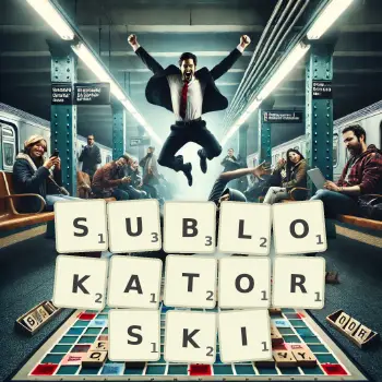 Kreatywna ilustracja do gry w Scrabble ze słowem SUBLOKATORSKI ułożonym z płytek na planszy.