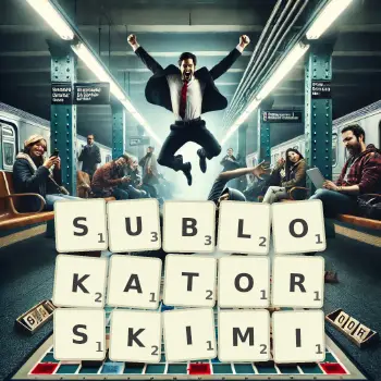 Kreatywna ilustracja do gry w Scrabble ze słowem SUBLOKATORSKIMI ułożonym z płytek na planszy.