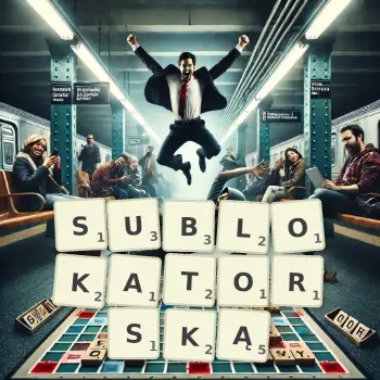 Kreatywna ilustracja do gry w Scrabble ze słowem SUBLOKATORSKĄ ułożonym z płytek na planszy.