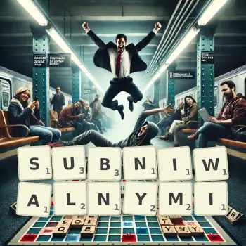 Kreatywna ilustracja do gry w Scrabble ze słowem SUBNIWALNYMI ułożonym z płytek na planszy.