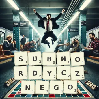 Kreatywna ilustracja do gry w Scrabble ze słowem SUBNORDYCZNEGO ułożonym z płytek na planszy.