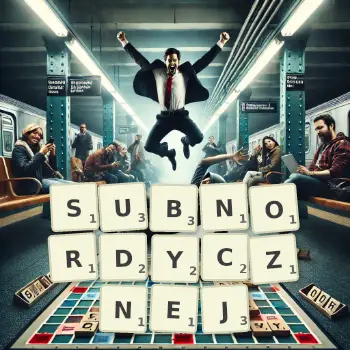 Kreatywna ilustracja do gry w Scrabble ze słowem SUBNORDYCZNEJ ułożonym z płytek na planszy.