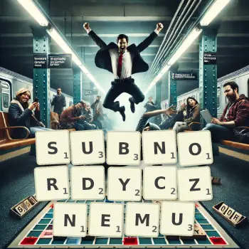 Kreatywna ilustracja do gry w Scrabble ze słowem SUBNORDYCZNEMU ułożonym z płytek na planszy.