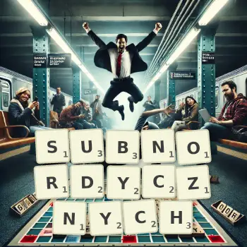 Kreatywna ilustracja do gry w Scrabble ze słowem SUBNORDYCZNYCH ułożonym z płytek na planszy.