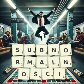 Kreatywna ilustracja do gry w Scrabble ze słowem SUBNORMALNOŚCI ułożonym z płytek na planszy.