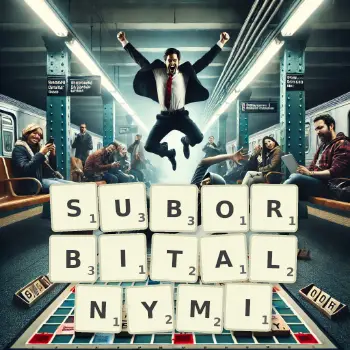 Kreatywna ilustracja do gry w Scrabble ze słowem SUBORBITALNYMI ułożonym z płytek na planszy.