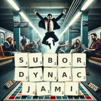 Kreatywna ilustracja do gry w Scrabble ze słowem SUBORDYNACJAMI ułożonym z płytek na planszy.