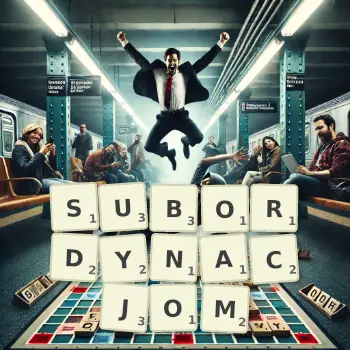 Kreatywna ilustracja do gry w Scrabble ze słowem SUBORDYNACJOM ułożonym z płytek na planszy.