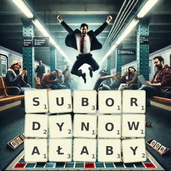 Kreatywna ilustracja do gry w Scrabble ze słowem SUBORDYNOWAŁABY ułożonym z płytek na planszy.