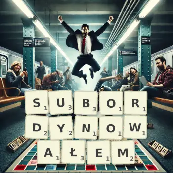 Kreatywna ilustracja do gry w Scrabble ze słowem SUBORDYNOWAŁEM ułożonym z płytek na planszy.