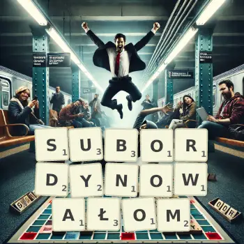 Kreatywna ilustracja do gry w Scrabble ze słowem SUBORDYNOWAŁOM ułożonym z płytek na planszy.
