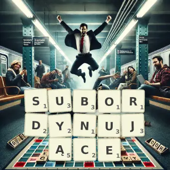 Kreatywna ilustracja do gry w Scrabble ze słowem SUBORDYNUJĄCE ułożonym z płytek na planszy.