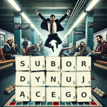 Kreatywna ilustracja do gry w Scrabble ze słowem SUBORDYNUJĄCEGO ułożonym z płytek na planszy.