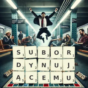 Kreatywna ilustracja do gry w Scrabble ze słowem SUBORDYNUJĄCEMU ułożonym z płytek na planszy.