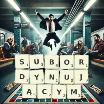 Kreatywna ilustracja do gry w Scrabble ze słowem SUBORDYNUJĄCYM ułożonym z płytek na planszy.