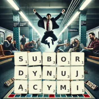 Kreatywna ilustracja do gry w Scrabble ze słowem SUBORDYNUJĄCYMI ułożonym z płytek na planszy.