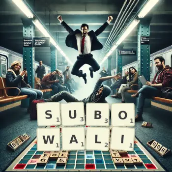 Kreatywna ilustracja do gry w Scrabble ze słowem SUBOWALI ułożonym z płytek na planszy.