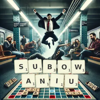 Kreatywna ilustracja do gry w Scrabble ze słowem SUBOWANIU ułożonym z płytek na planszy.