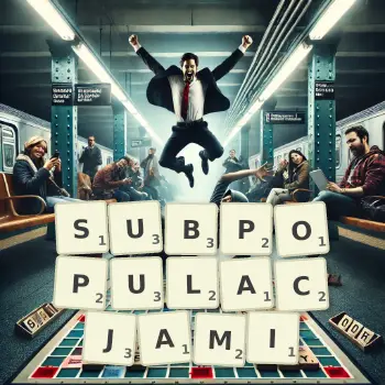 Kreatywna ilustracja do gry w Scrabble ze słowem SUBPOPULACJAMI ułożonym z płytek na planszy.