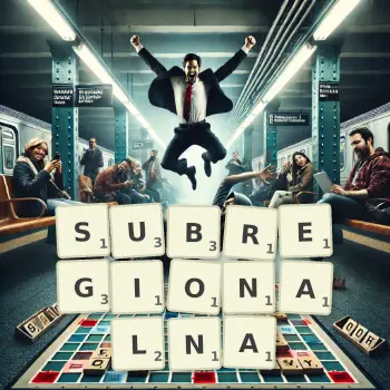 Kreatywna ilustracja do gry w Scrabble ze słowem SUBREGIONALNA ułożonym z płytek na planszy.