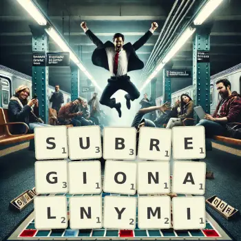 Kreatywna ilustracja do gry w Scrabble ze słowem SUBREGIONALNYMI ułożonym z płytek na planszy.