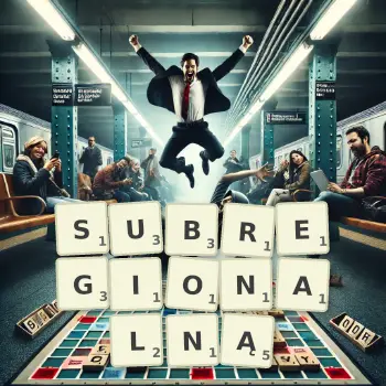 Kreatywna ilustracja do gry w Scrabble ze słowem SUBREGIONALNĄ ułożonym z płytek na planszy.