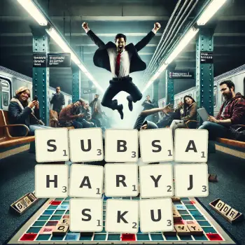 Kreatywna ilustracja do gry w Scrabble ze słowem SUBSAHARYJSKU ułożonym z płytek na planszy.