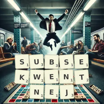 Kreatywna ilustracja do gry w Scrabble ze słowem SUBSEKWENTNEJ ułożonym z płytek na planszy.