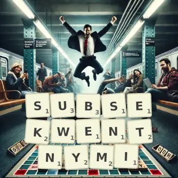 Kreatywna ilustracja do gry w Scrabble ze słowem SUBSEKWENTNYMI ułożonym z płytek na planszy.