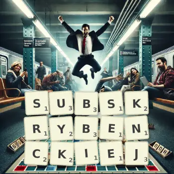 Kreatywna ilustracja do gry w Scrabble ze słowem SUBSKRYBENCKIEJ ułożonym z płytek na planszy.