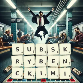Kreatywna ilustracja do gry w Scrabble ze słowem SUBSKRYBENCKIMI ułożonym z płytek na planszy.