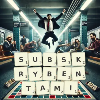 Kreatywna ilustracja do gry w Scrabble ze słowem SUBSKRYBENTAMI ułożonym z płytek na planszy.