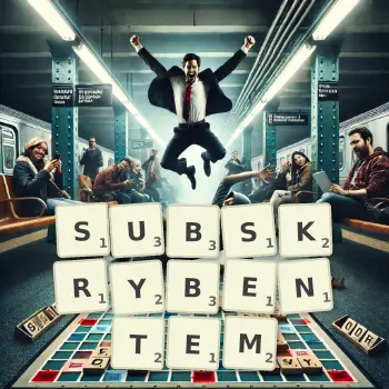 Kreatywna ilustracja do gry w Scrabble ze słowem SUBSKRYBENTEM ułożonym z płytek na planszy.