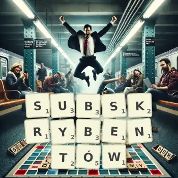 Kreatywna ilustracja do gry w Scrabble ze słowem SUBSKRYBENTÓW ułożonym z płytek na planszy.