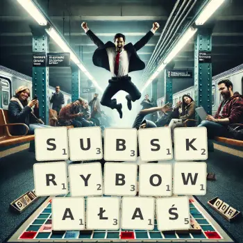 Kreatywna ilustracja do gry w Scrabble ze słowem SUBSKRYBOWAŁAŚ ułożonym z płytek na planszy.