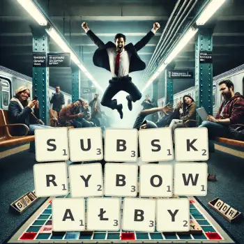 Kreatywna ilustracja do gry w Scrabble ze słowem SUBSKRYBOWAŁBY ułożonym z płytek na planszy.