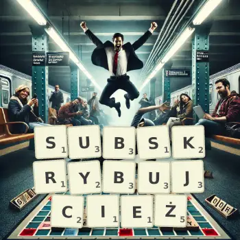 Kreatywna ilustracja do gry w Scrabble ze słowem SUBSKRYBUJCIEŻ ułożonym z płytek na planszy.