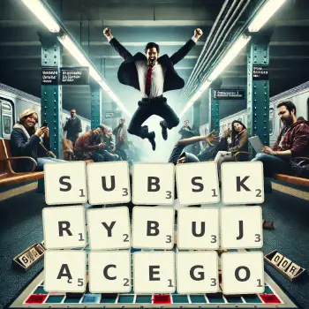 Kreatywna ilustracja do gry w Scrabble ze słowem SUBSKRYBUJĄCEGO ułożonym z płytek na planszy.