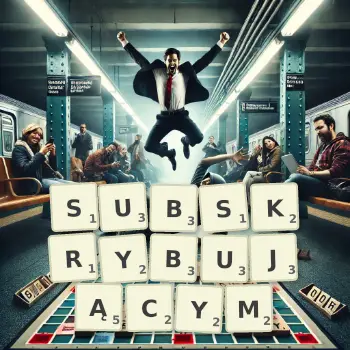 Kreatywna ilustracja do gry w Scrabble ze słowem SUBSKRYBUJĄCYM ułożonym z płytek na planszy.