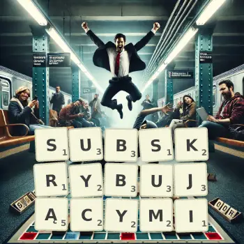 Kreatywna ilustracja do gry w Scrabble ze słowem SUBSKRYBUJĄCYMI ułożonym z płytek na planszy.