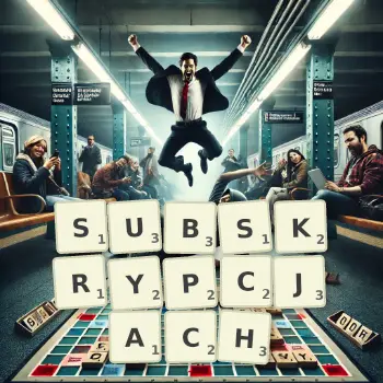 Kreatywna ilustracja do gry w Scrabble ze słowem SUBSKRYPCJACH ułożonym z płytek na planszy.